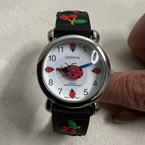 Geneva Quartz Girls Ladybug with Cherries Black Wrist Watch Water Resistant - Picture 2 of 14